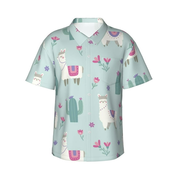 Hawaiian Shirt For Men, Cute Alpaca Cactus Plant Flowers Mens Button Down Short Sleeve Shirt, Summer Beach Shirts For Men