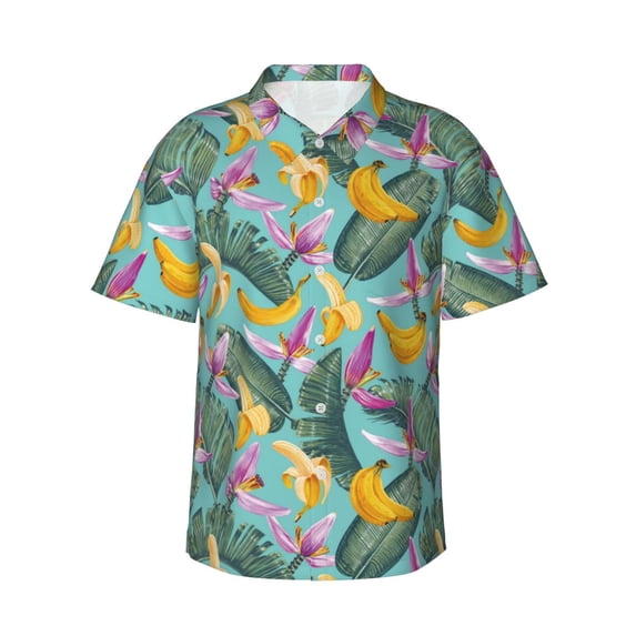 Hawaiian Shirt For Men, Cute Banana Purple Flower Mens Button Down Short Sleeve Shirt, Summer Beach Shirts For Men