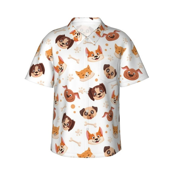Hawaiian Shirt For Men, Cute Dog Cartoon Colorful Mens Button Down Short Sleeve Shirt, Summer Beach Shirts For Men