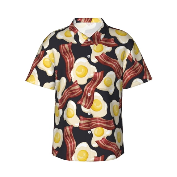Hawaiian Shirt For Men, Cute Fried Egg Meat Mens Button Down Short Sleeve Shirt, Summer Beach Shirts For Men