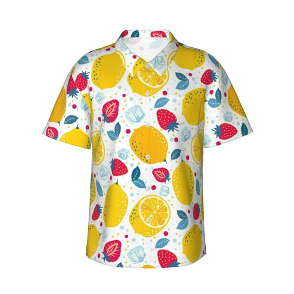 Hawaiian Shirt For Men, Cute Lemon Ice Strawberry Mens Button Down Short Sleeve Shirt, Summer Beach Shirts For Men
