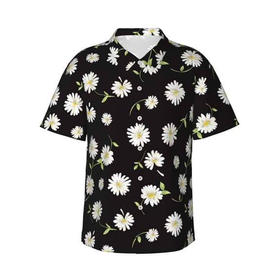 Hawaiian Shirt For Men, Daisies Flowers Green Leaves Mens Button Down Short Sleeve Shirt, Summer Beach Shirts For Men