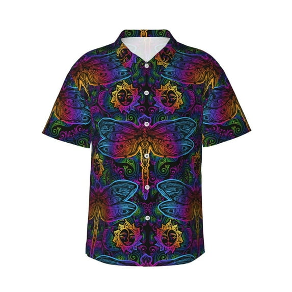 Hawaiian Shirt For Men, Flamboyant Dragonfly Mens Button Down Short Sleeve Shirt, Summer Beach Shirts For Men