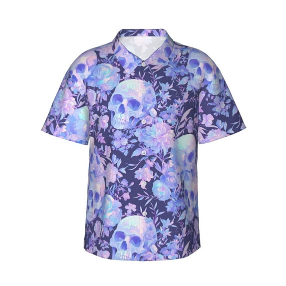 Hawaiian Shirt For Men, Flower Crystal Skull Mens Button Down Short Sleeve Shirt, Summer Beach Shirts For Men