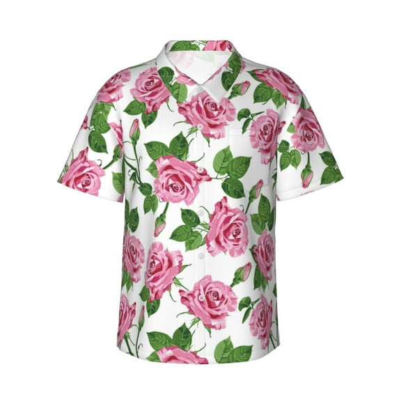 Hawaiian Shirt For Men, Green Pink Rose Flowers Mens Button Down Short Sleeve Shirt, Summer Beach Shirts For Men