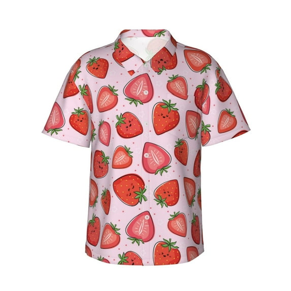 Hawaiian Shirt For Men, Kawaii Strawberry Fruits Mens Button Down Short Sleeve Shirt, Summer Beach Shirts For Men