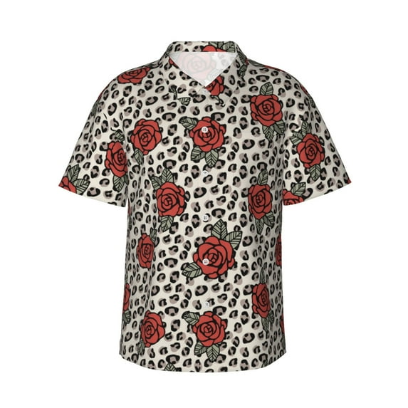 Hawaiian Shirt For Men, Leopard Print Rose Mens Button Down Short Sleeve Shirt, Summer Beach Shirts For Men