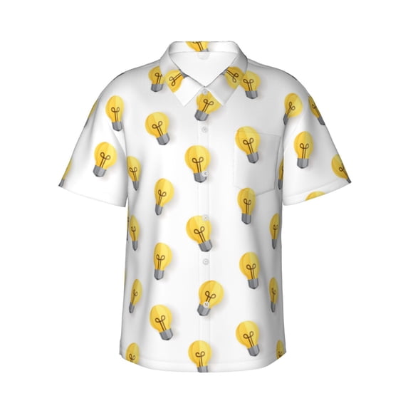 Hawaiian Shirt For Men, Light Bulb Print White Mens Button Down Short Sleeve Shirt, Summer Beach Shirts For Men