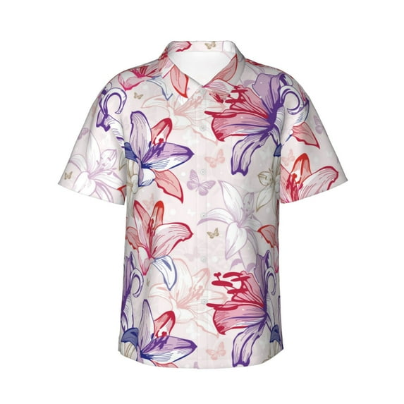 Hawaiian Shirt For Men, Lilies Flowers Colorful Mens Button Down Short Sleeve Shirt, Summer Beach Shirts For Men