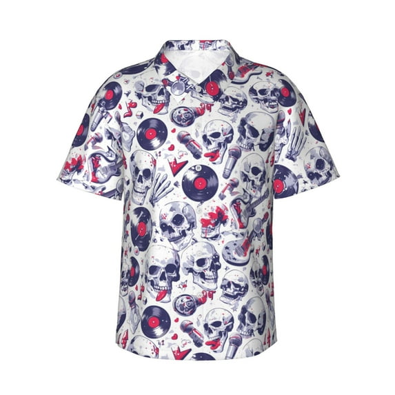 Hawaiian Shirt For Men, Music Skull Record Mike Mens Button Down Short Sleeve Shirt, Summer Beach Shirts For Men