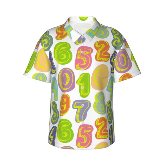 Hawaiian Shirt For Men, Number Print Colorful Mens Button Down Short Sleeve Shirt, Summer Beach Shirts For Men