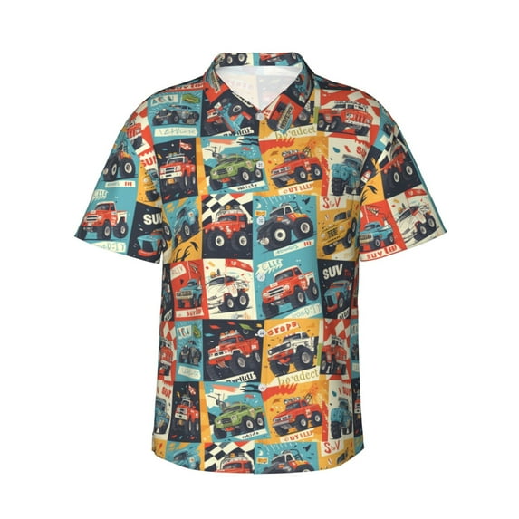 Hawaiian Shirt For Men, Off Road Racing Car Colorful Mens Button Down Short Sleeve Shirt, Summer Beach Shirts For Men