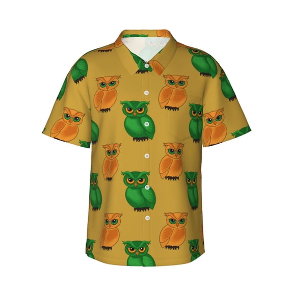Hawaiian Shirt For Men, Orange Green Owl Mens Button Down Short Sleeve Shirt, Summer Beach Shirts For Men
