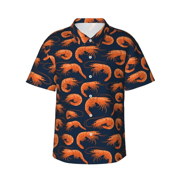 Hawaiian Shirt For Men, Orange Shrimp Print Casual Summer Beach Shirts Mens Short Sleeve Button Shirts
