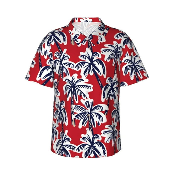 Hawaiian Shirt For Men, Palm Tree Pattern On Red Mens Button Down Short Sleeve Shirt, Summer Beach Shirts For Men