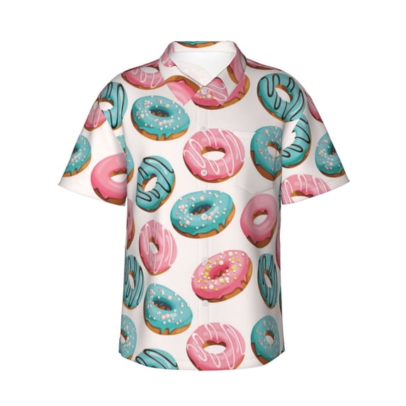 Hawaiian Shirt For Men, Pink Blue Donut Print Mens Button Down Short Sleeve Shirt, Summer Beach Shirts For Men
