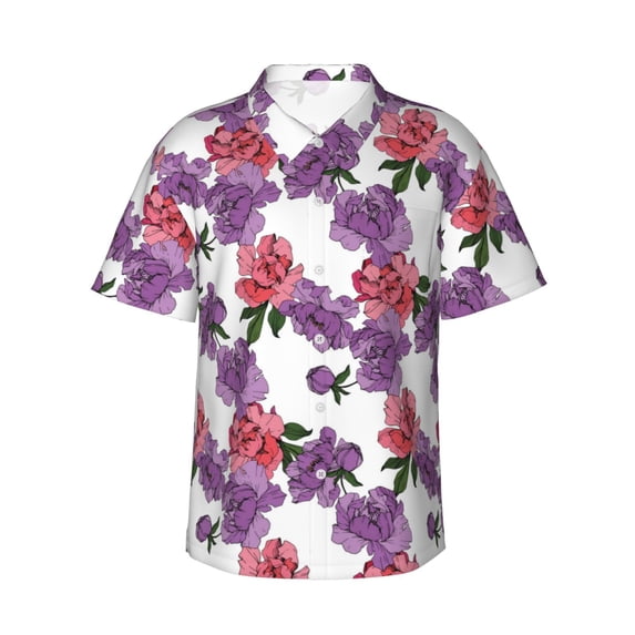 Hawaiian Shirt For Men, Pink Purple Peonies Mens Button Down Short Sleeve Shirt, Summer Beach Shirts For Men