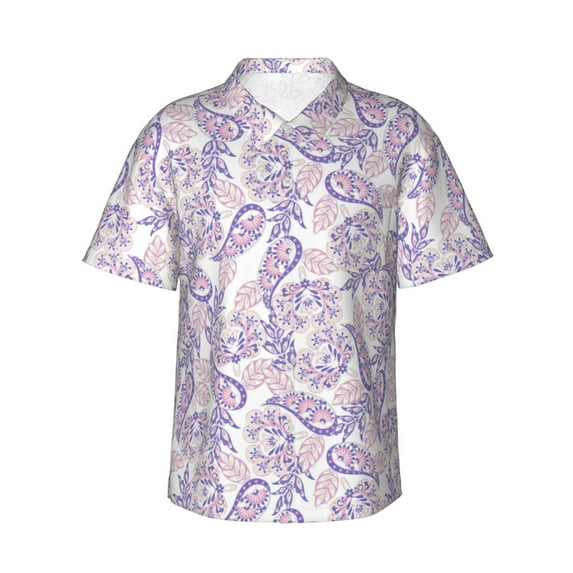 Hawaiian Shirt For Men, Purple Pink Paisley Mens Button Down Short Sleeve Shirt, Summer Beach Shirts For Men