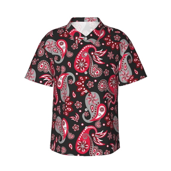 Hawaiian Shirt For Men, Red Gray Black Paisley Mens Button Down Short Sleeve Shirt, Summer Beach Shirts For Men
