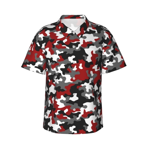 Hawaiian Shirt For Men, Red Grey White Camouflage Summer Shirts For Men, Mens Button Down Short Sleeve Shirt