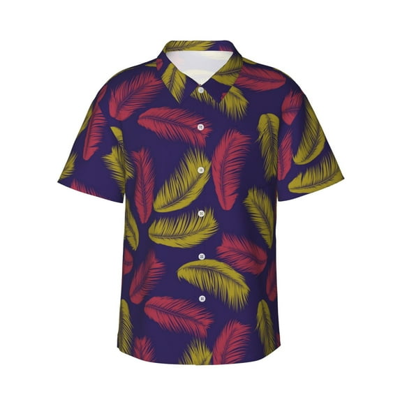 Hawaiian Shirt For Men, Red Yellow Feather Mens Button Down Short Sleeve Shirt, Summer Beach Shirts For Men