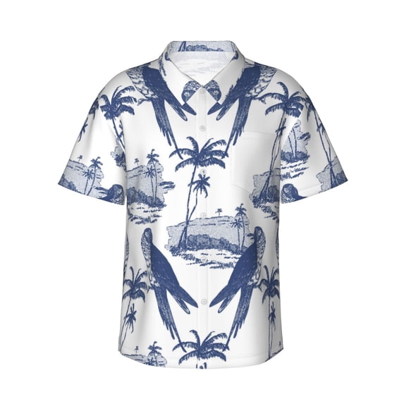 Hawaiian Shirt For Men, Sketch Parrot Palm Tree Mens Button Down Short Sleeve Shirt, Summer Beach Shirts For Men
