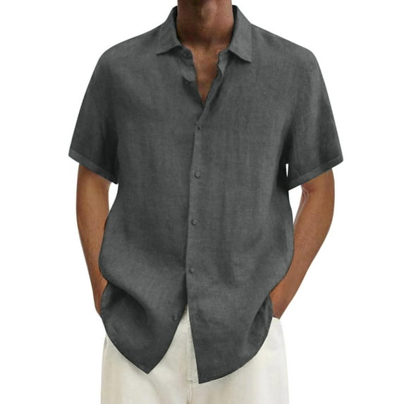Hawaiian Shirt For Men Slim Fit Summer Hawaii Solid Short Sleeve Double Pocket Turn Down Collar Button Mens T Shirt With Pockets White Dark Gray M