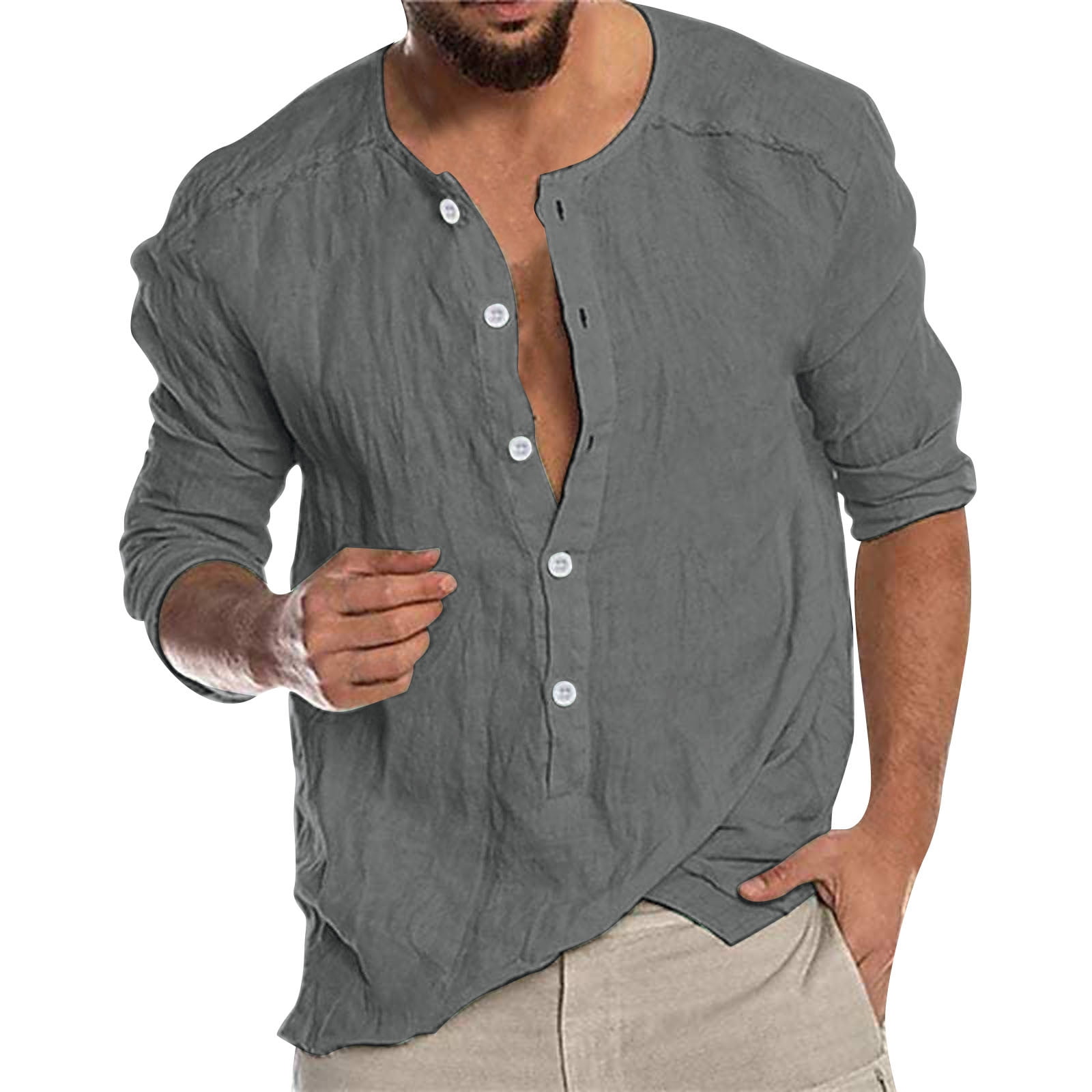 Mens Shirts Casual Stylish Summer Solid Color Cotton And Linen Buckle Long  Sleeve Top Blouse Relaxed-Fit Summer Shirt