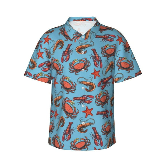 Hawaiian Shirt For Men, Starfish Shrimp Crabs Mens Button Down Short Sleeve Shirt, Summer Beach Shirts For Men