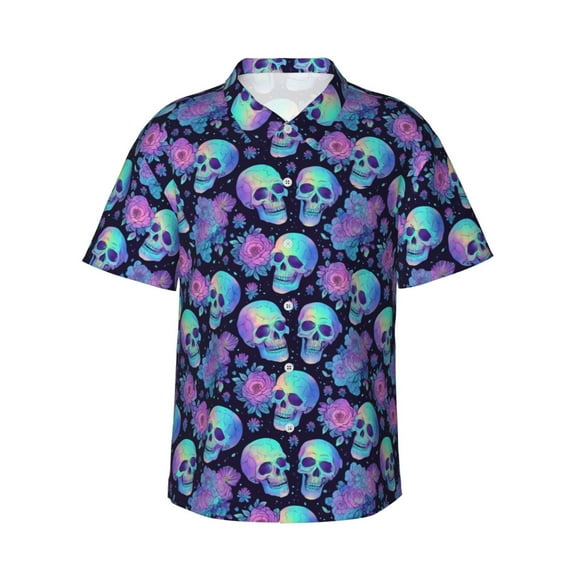 Hawaiian Shirt For Men, Starry Sky Skull Flower Mens Button Down Short Sleeve Shirt, Summer Beach Shirts For Men