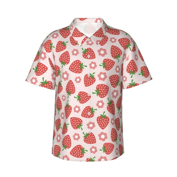 Hawaiian Shirt For Men, Strawberry Flower Mens Button Down Short Sleeve Shirt, Summer Beach Shirts For Men