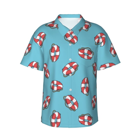 Hawaiian Shirt For Men, Swimming Ring Red Mens Button Down Short Sleeve Shirt, Summer Beach Shirts For Men