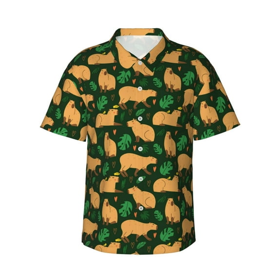 Hawaiian Shirt For Men, Vegetation Capybara Mens Button Down Short Sleeve Shirt, Summer Beach Shirts For Men