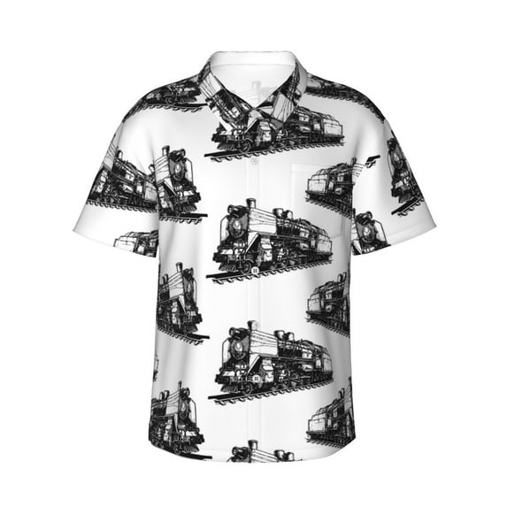 Hawaiian Shirt For Men, Vintage Train Pattern Mens Button Down Short Sleeve Shirt, Summer Beach Shirts For Men