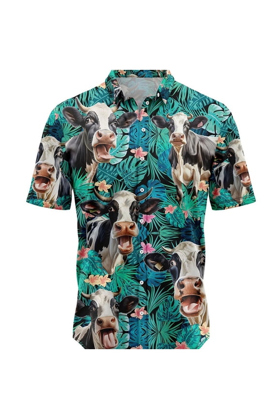 Hawaiian Shirt Men Beach Shirts Cow Print Tropical Vacation Clothes Aloha Holiday Shirt Blue XL