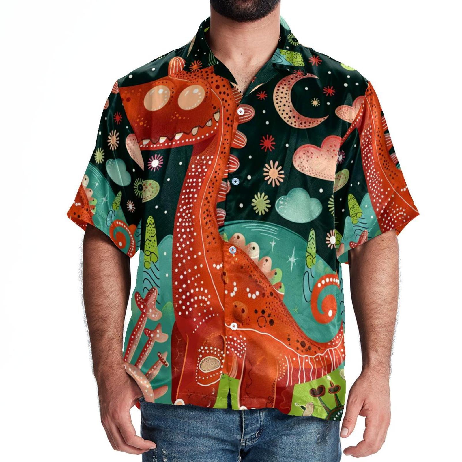 Hawaiian Shirt, Men's Casual ButtonDown Shirts, Tropical Shirts for Men, Cartoon Dinosaurs