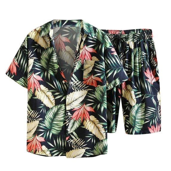 Hawaiian Shirt Sets for Men's Flower Print Suits Casual Button Down Short Sleeve Shirts Comfy Vacation Outfits Sets