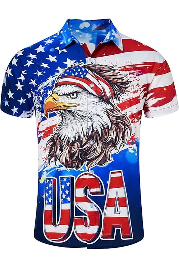Hawaiian Shirt USA Eagle Bandana Splash Red White Blue Graphic Fourth July Casual Shirt