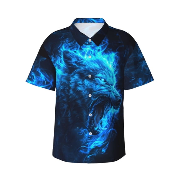 Hawaiian Shirt for Men, Blue Fire Wolf Summer Shirts for Men, Mens Button Down Short Sleeve Shirt