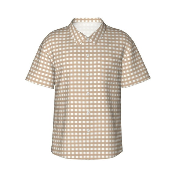 Hawaiian Shirt for Men - Brown Gingham Casual Summer Beach Shirts Mens Short Sleeve Button Shirts