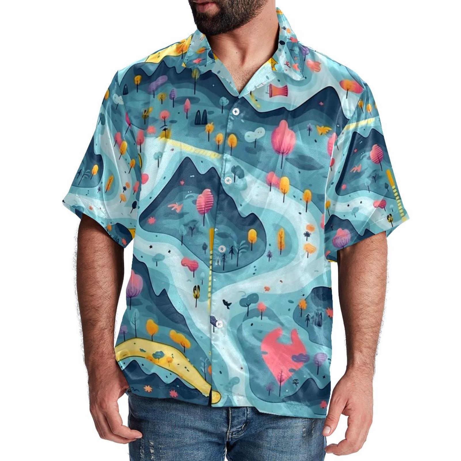 Men's Novelty Hawaiian Floral Shirt - Tropical Button Down, Short Sleeve, Loose Fit, Blue, Size 3X-Large, Summer Vacation Wear