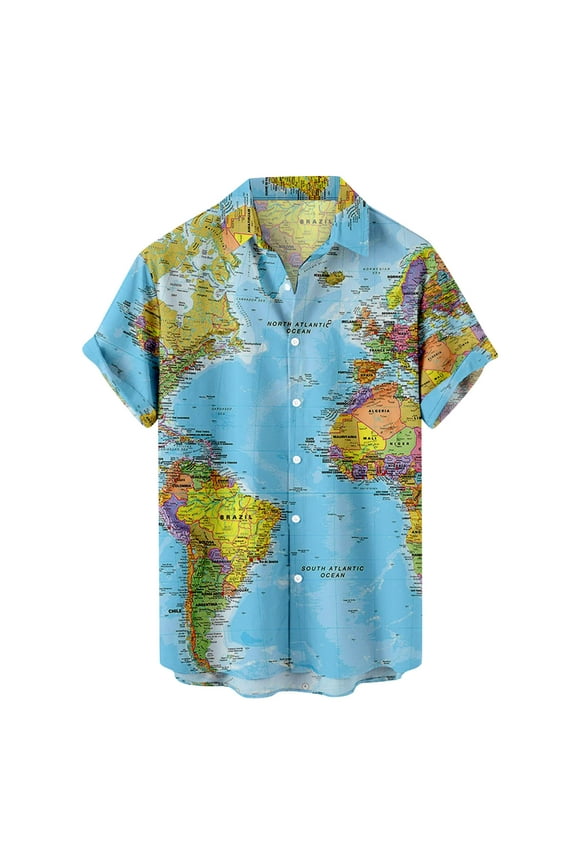 Hawaiian Shirt for Men Casual Button Down Short Sleeve Unisex Beach Shirts Fashion World Map Print Summer Tops