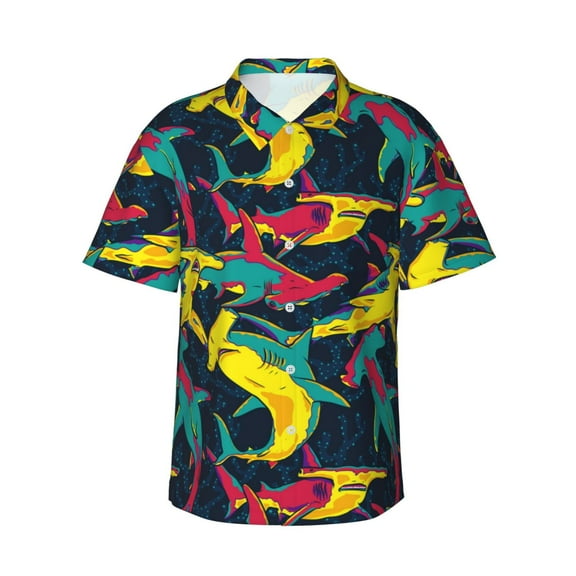 Hawaiian Shirt for Men, Colorful golden hammerhead shark Summer Shirts for Men, Mens Button Down Short Sleeve Shirt