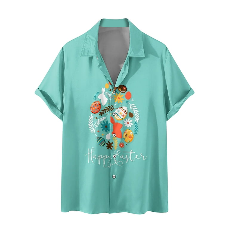 Hawaiian Shirt for Men Easter Bunny Embroidery Print Short Sleeve Button  Down Shirts Comfort V Neck Holiday Shirts