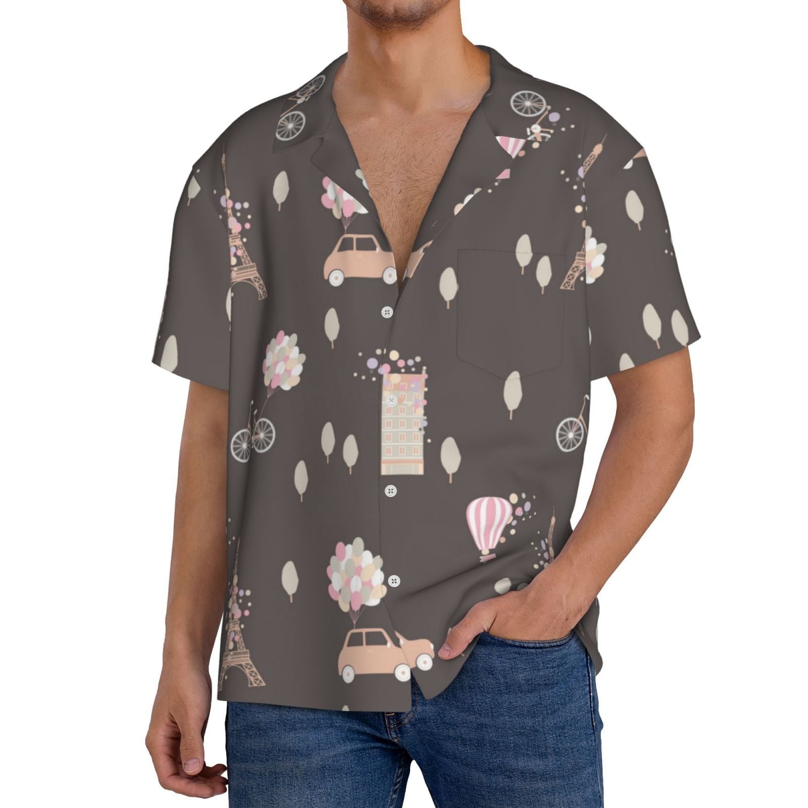 Visesunny Men's Casual Hawaiian Shirt - Paris Eiffel Tower Stripe Short Sleeve Aloha Shirt