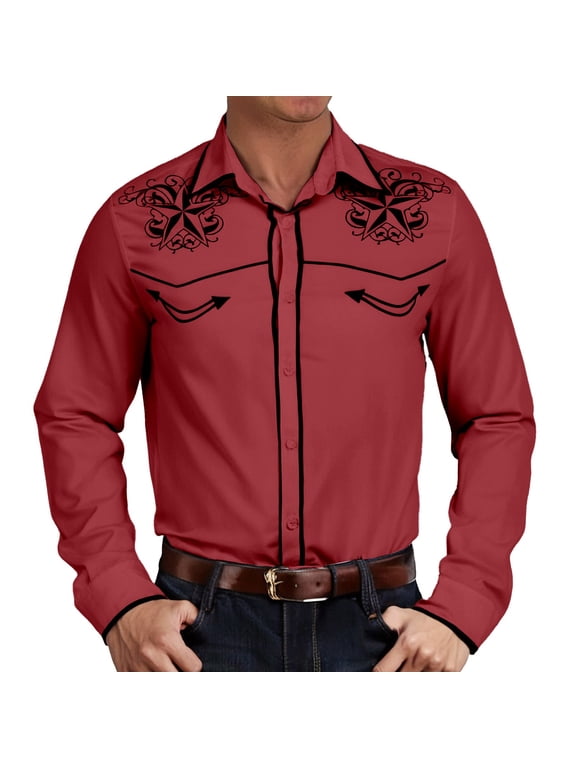 Hawaiian Shirt for Men European Western Denim Pattern Men Casual Loose Comfortable Foreign Trade Business Lapel Long Sleeved Shirt Red 3XL