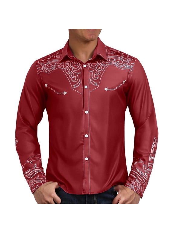 Hawaiian Shirt for Men European Western Denim Pattern Men Casual Loose Comfortable Foreign Trade Business Lapel Long Sleeved Shirt Red 4XL