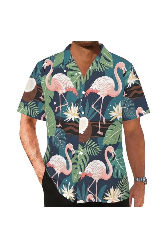 Hawaiian Shirt for Men Mens Button Down Shirt Flamingo Parrot Coastal Tropical Short Sleeve Aloha Shirt Curved Hem Beach Shirt Mens Summer Shirts
