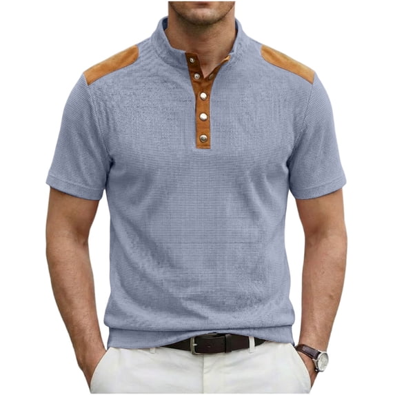 Hawaiian Shirt for Men,Mens Waffle Knitted Henley Shirts 2026 Stand Collar Short Sleeve Golf Tops Buttons Stretch Business Work T-Shirts