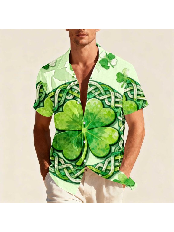 Hawaiian Shirt for Men Oversized St Patricks Irish Green Clover Shamrocks Printed Lapel Button Down Shirts Summer Collared Beach T Shirts Top